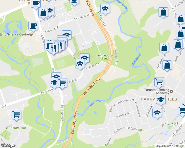 map of restaurants, bars, coffee shops, grocery stores, and more near in Toronto
