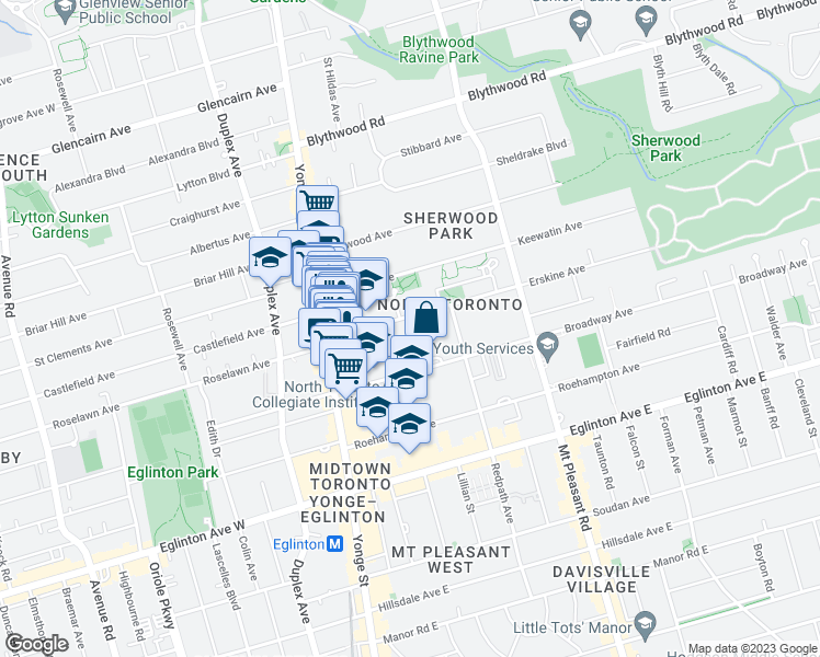 map of restaurants, bars, coffee shops, grocery stores, and more near in Toronto