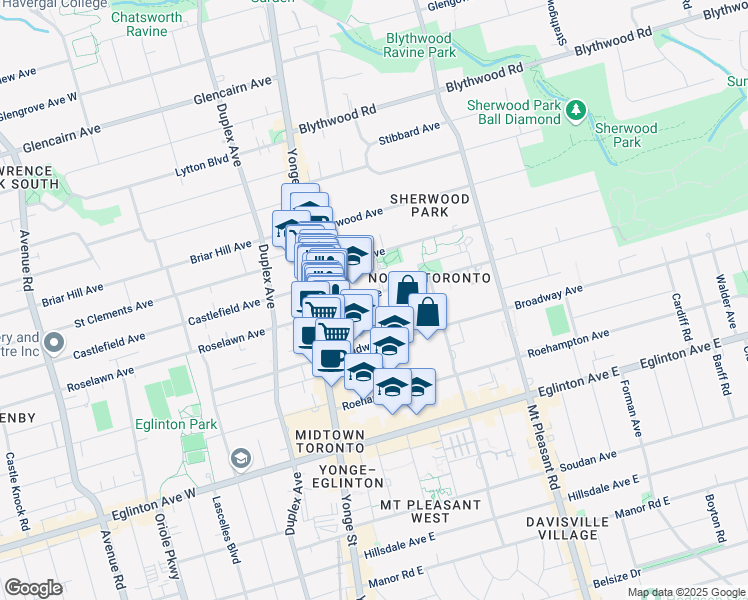 map of restaurants, bars, coffee shops, grocery stores, and more near in Toronto