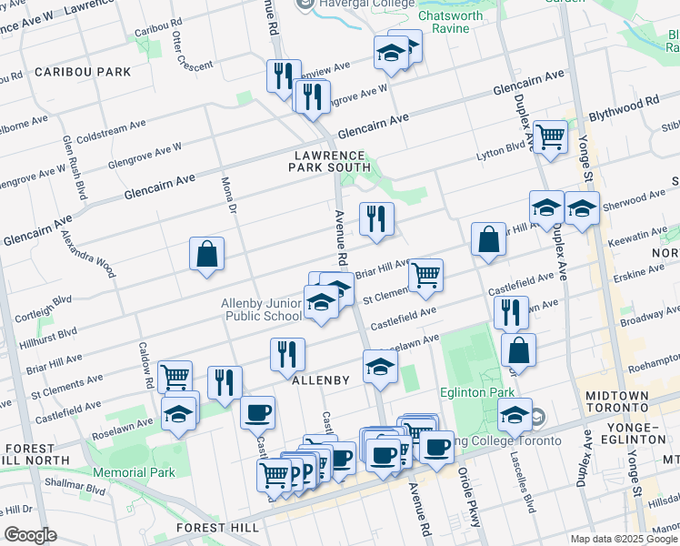 map of restaurants, bars, coffee shops, grocery stores, and more near in Toronto