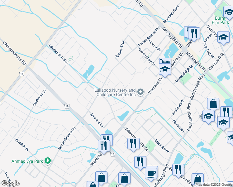 map of restaurants, bars, coffee shops, grocery stores, and more near 11 Boothill Drive in Brampton