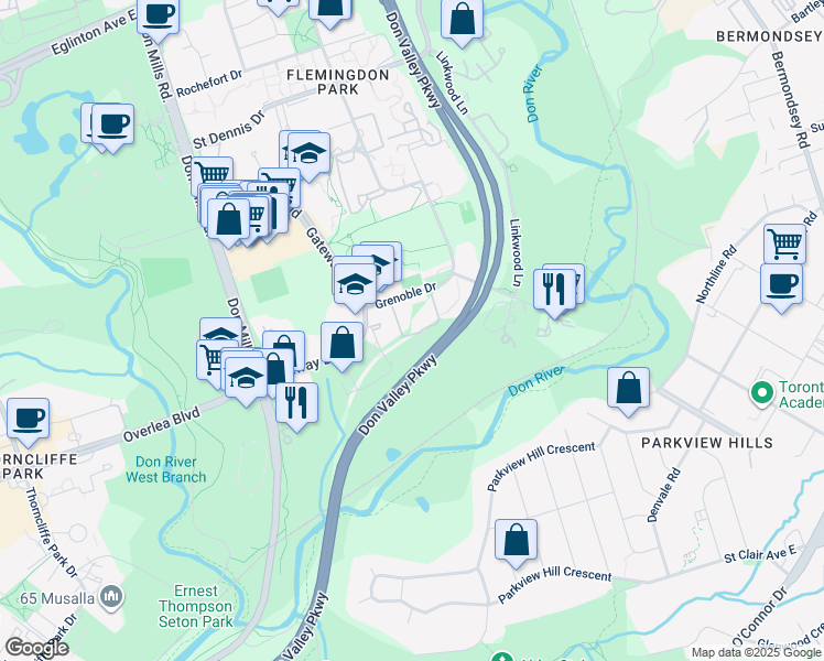 map of restaurants, bars, coffee shops, grocery stores, and more near in Toronto