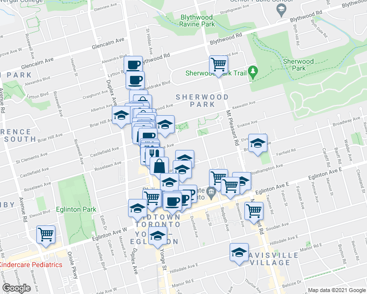 map of restaurants, bars, coffee shops, grocery stores, and more near 77 Erskine Avenue in Toronto