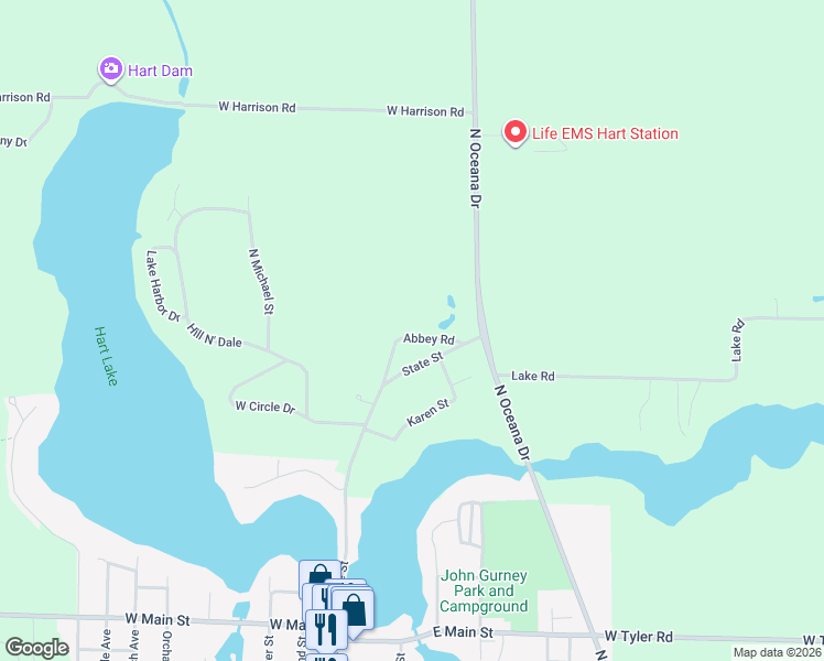 map of restaurants, bars, coffee shops, grocery stores, and more near 3312 Abbey Road in Hart