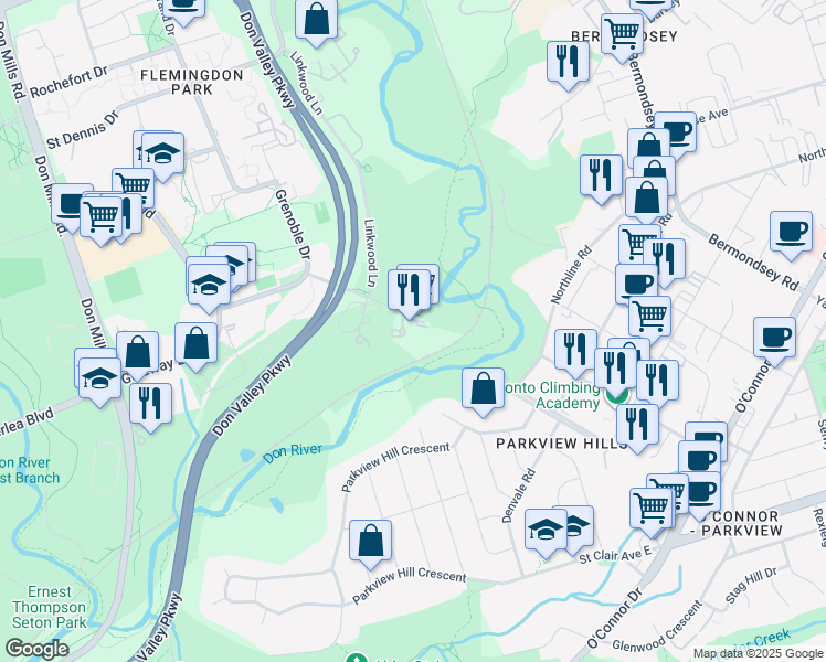 map of restaurants, bars, coffee shops, grocery stores, and more near 60 Pavane Linkway in Toronto