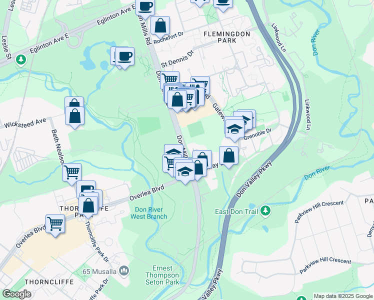 map of restaurants, bars, coffee shops, grocery stores, and more near 735 Don Mills Road in Toronto