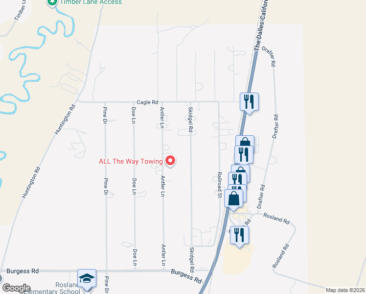 map of restaurants, bars, coffee shops, grocery stores, and more near 52621 Skidgel Road in La Pine