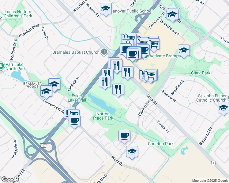 map of restaurants, bars, coffee shops, grocery stores, and more near 2 Silver Maple Court in Brampton