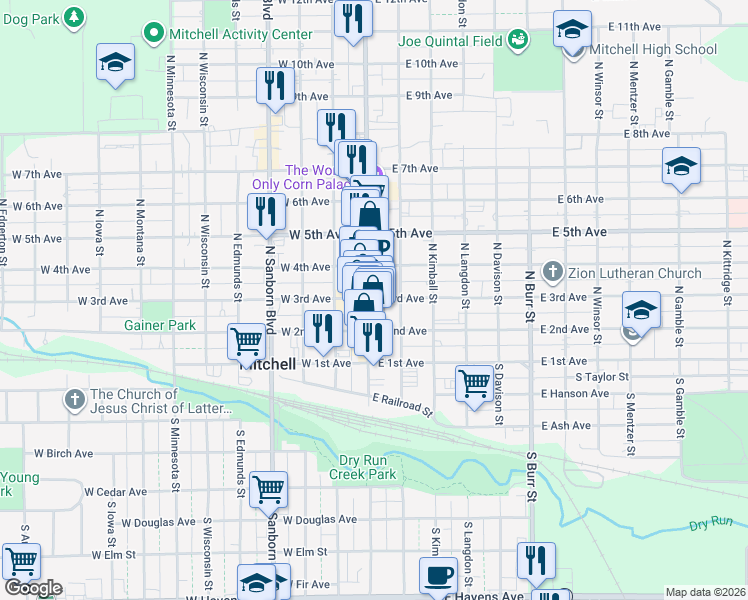 map of restaurants, bars, coffee shops, grocery stores, and more near 108 East 3rd Avenue in Mitchell