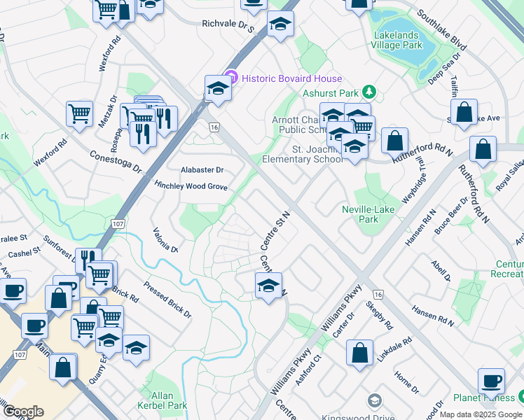 map of restaurants, bars, coffee shops, grocery stores, and more near 21 Hinchley Wood Grove in Brampton