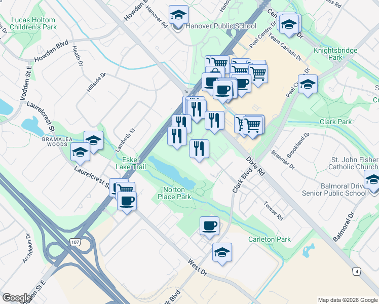 map of restaurants, bars, coffee shops, grocery stores, and more near 2 Silver Maple Court in Brampton