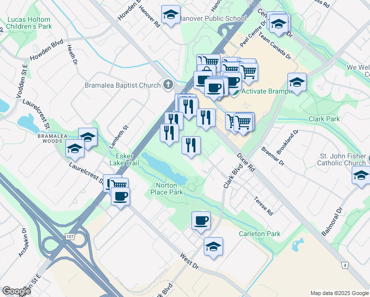 map of restaurants, bars, coffee shops, grocery stores, and more near 2 Silver Maple Court in Brampton