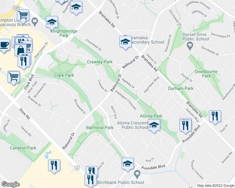 map of restaurants, bars, coffee shops, grocery stores, and more near 22 Addington Crescent in Brampton