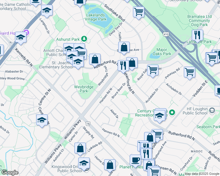 map of restaurants, bars, coffee shops, grocery stores, and more near 447 Hansen Road North in Brampton