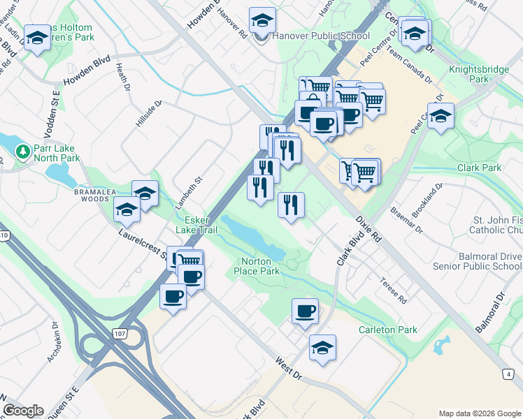 map of restaurants, bars, coffee shops, grocery stores, and more near 4 Silver Maple Court in Brampton