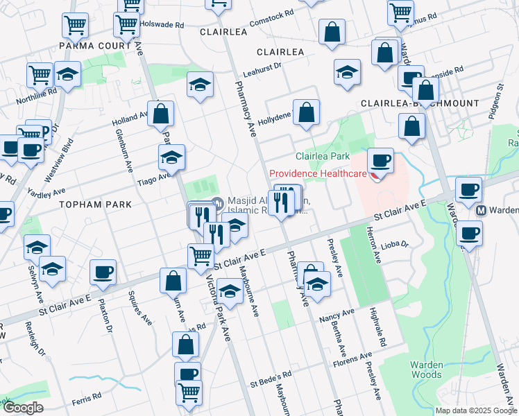 map of restaurants, bars, coffee shops, grocery stores, and more near in Toronto