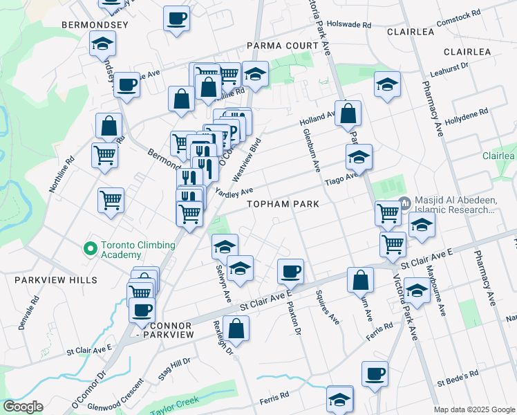map of restaurants, bars, coffee shops, grocery stores, and more near 49 Tiago Avenue in Toronto