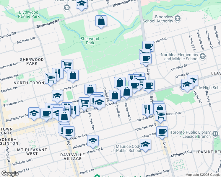 map of restaurants, bars, coffee shops, grocery stores, and more near in Toronto