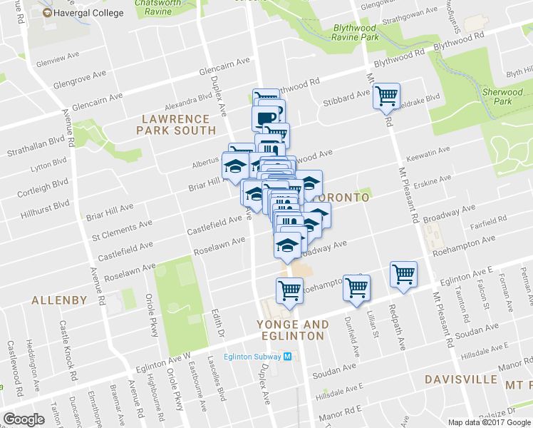 map of restaurants, bars, coffee shops, grocery stores, and more near in Toronto
