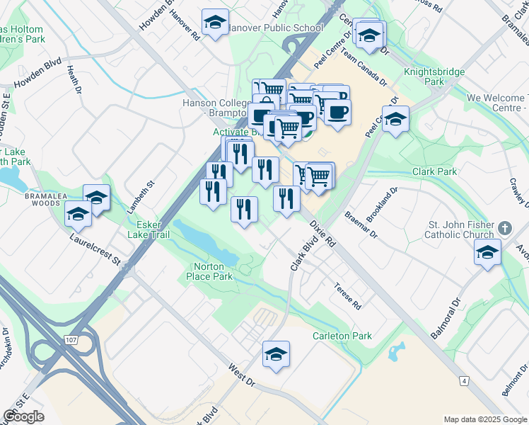 map of restaurants, bars, coffee shops, grocery stores, and more near in Brampton