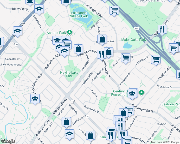map of restaurants, bars, coffee shops, grocery stores, and more near 447 Hansen Road North in Brampton