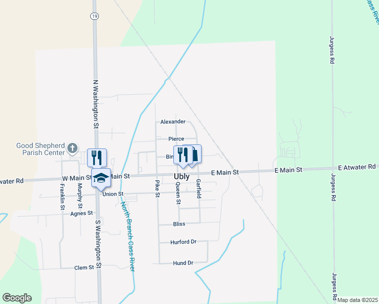 map of restaurants, bars, coffee shops, grocery stores, and more near 2225 Bingham in Ubly