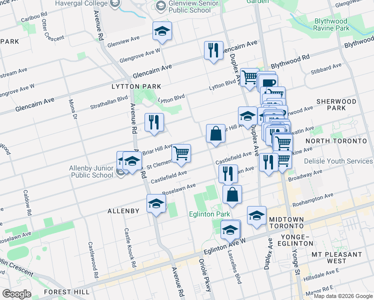 map of restaurants, bars, coffee shops, grocery stores, and more near 17 Birdsall Avenue in Toronto