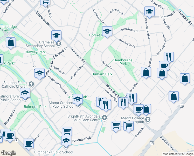map of restaurants, bars, coffee shops, grocery stores, and more near 49 Autumn Boulevard in Brampton