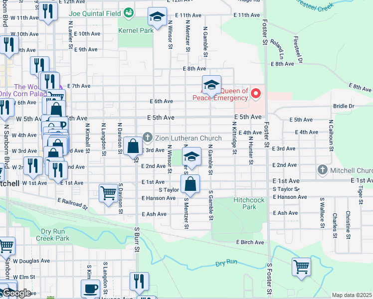 map of restaurants, bars, coffee shops, grocery stores, and more near East 3rd Avenue in Mitchell