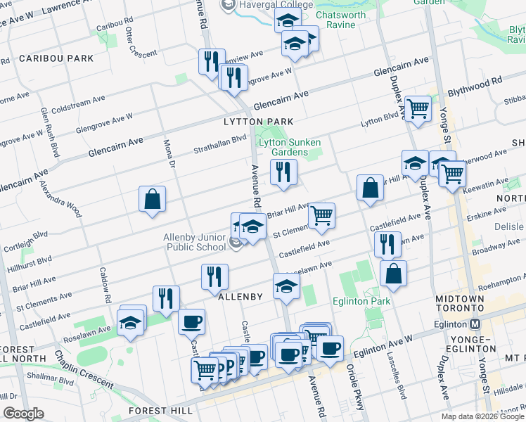map of restaurants, bars, coffee shops, grocery stores, and more near 1177 Avenue Road in Toronto