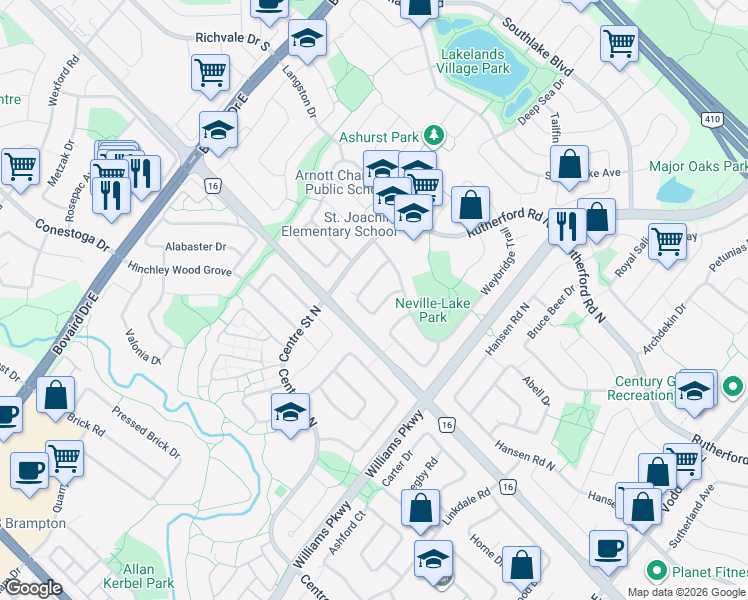 map of restaurants, bars, coffee shops, grocery stores, and more near 15 Buckland Way in Brampton