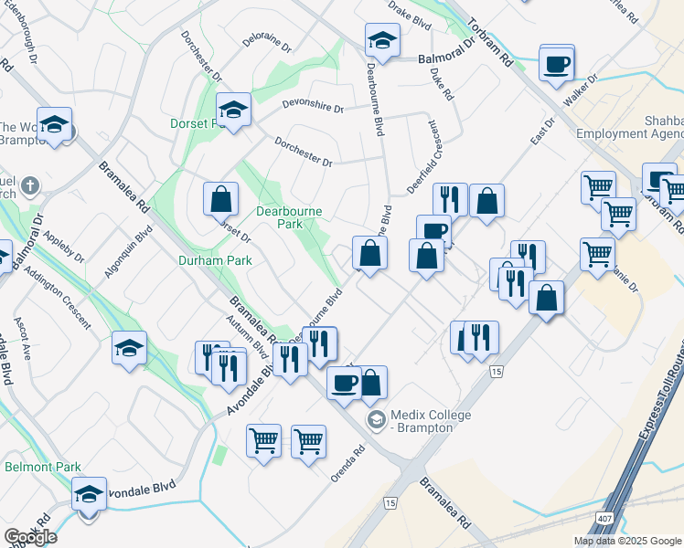 map of restaurants, bars, coffee shops, grocery stores, and more near 15 Dearbourne Crescent in Brampton