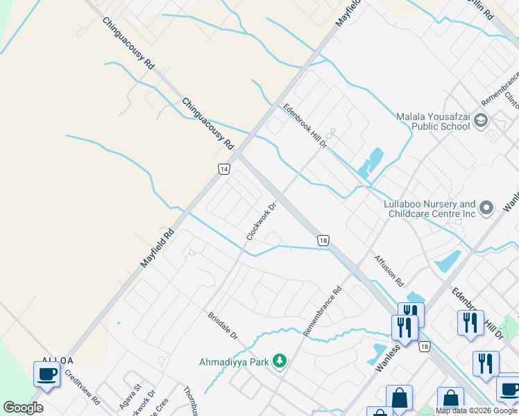 map of restaurants, bars, coffee shops, grocery stores, and more near 5 Labrish Road in Brampton
