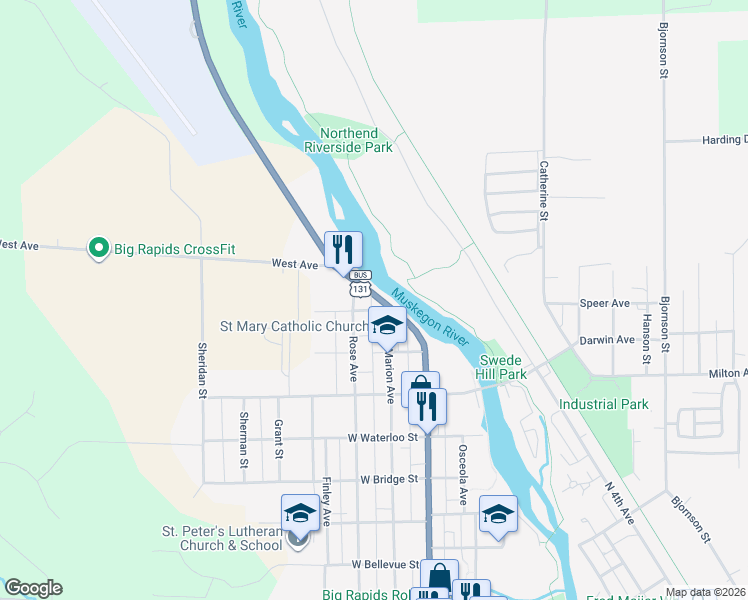 map of restaurants, bars, coffee shops, grocery stores, and more near 1117 North State Street in Big Rapids