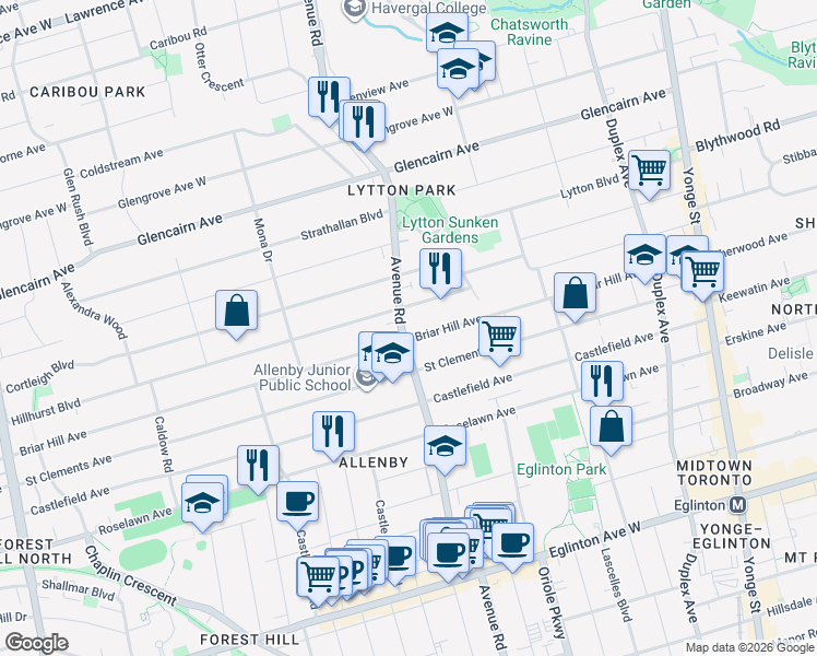 map of restaurants, bars, coffee shops, grocery stores, and more near 1177 Avenue Road in Toronto