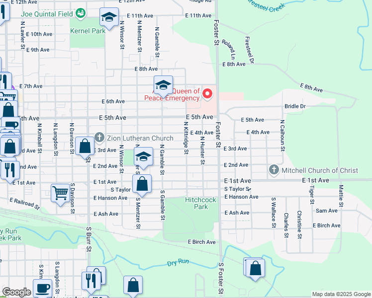 map of restaurants, bars, coffee shops, grocery stores, and more near 298 N Kittridge St in Mitchell