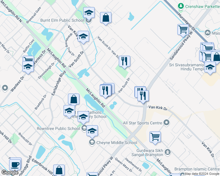 map of restaurants, bars, coffee shops, grocery stores, and more near Van Kirk Drive in Brampton