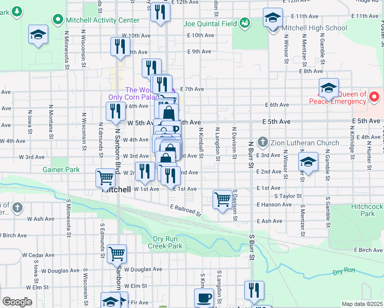 map of restaurants, bars, coffee shops, grocery stores, and more near 208 E 3rd Ave in Mitchell