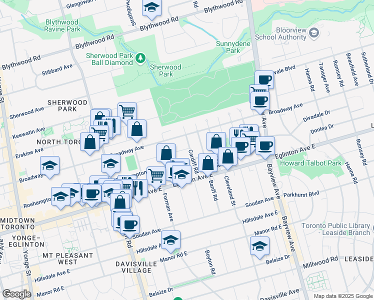 map of restaurants, bars, coffee shops, grocery stores, and more near in Toronto