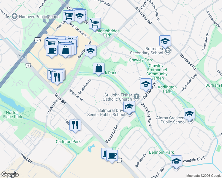 map of restaurants, bars, coffee shops, grocery stores, and more near 41 Brookland Drive in Brampton