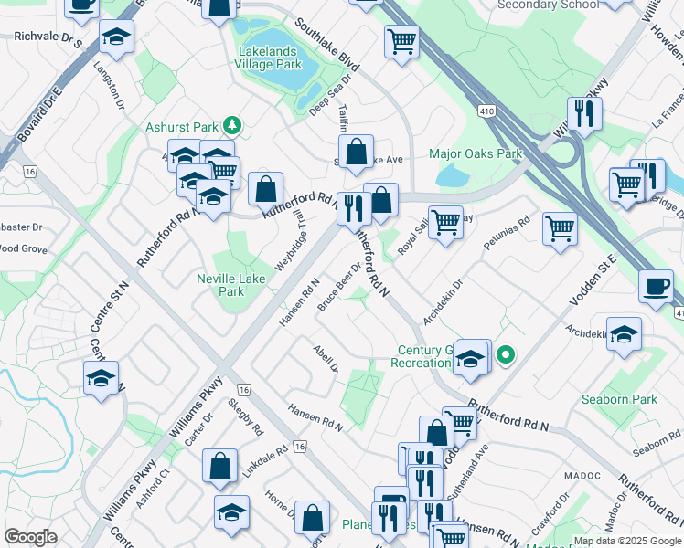 map of restaurants, bars, coffee shops, grocery stores, and more near 139 Bruce Beer Drive in Brampton