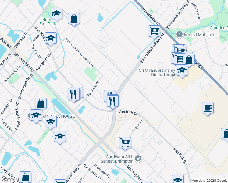 map of restaurants, bars, coffee shops, grocery stores, and more near 104 Twin Pines Crescent in Brampton