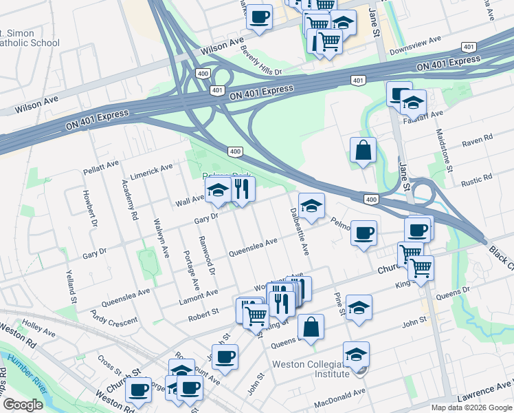 map of restaurants, bars, coffee shops, grocery stores, and more near 63 Lockerbie Avenue in Toronto