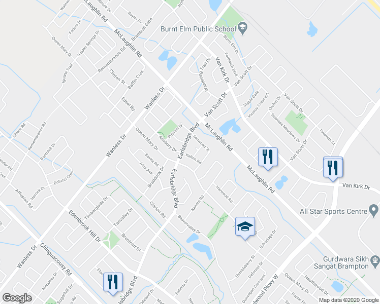 map of restaurants, bars, coffee shops, grocery stores, and more near 13 Kelton Road in Brampton