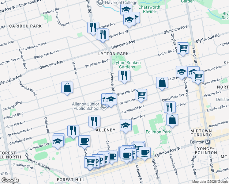 map of restaurants, bars, coffee shops, grocery stores, and more near 1177 Avenue Road in Toronto