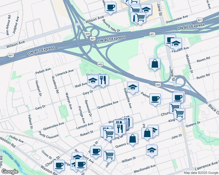 map of restaurants, bars, coffee shops, grocery stores, and more near in Toronto
