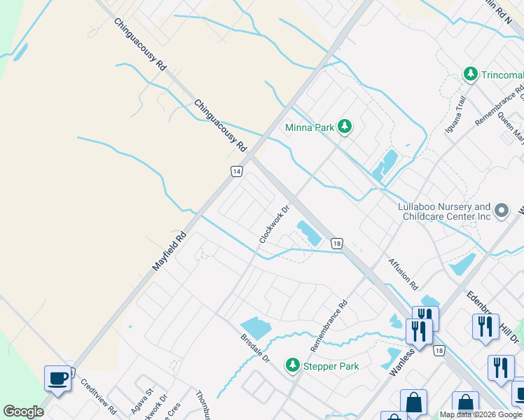 map of restaurants, bars, coffee shops, grocery stores, and more near in Brampton