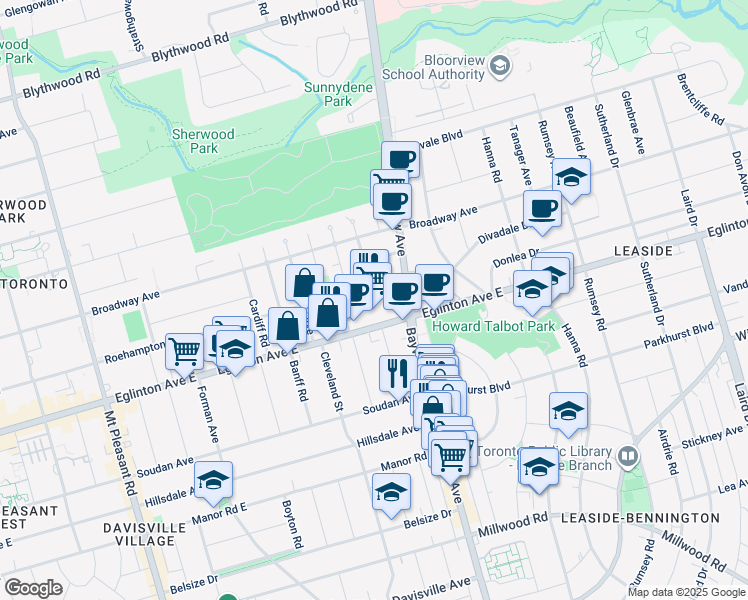 map of restaurants, bars, coffee shops, grocery stores, and more near in Toronto