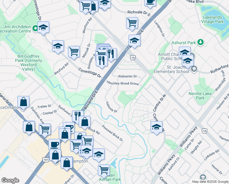 map of restaurants, bars, coffee shops, grocery stores, and more near 15 Valonia Drive in Brampton