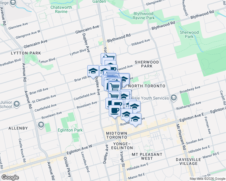 map of restaurants, bars, coffee shops, grocery stores, and more near 2475 Yonge Street in Toronto